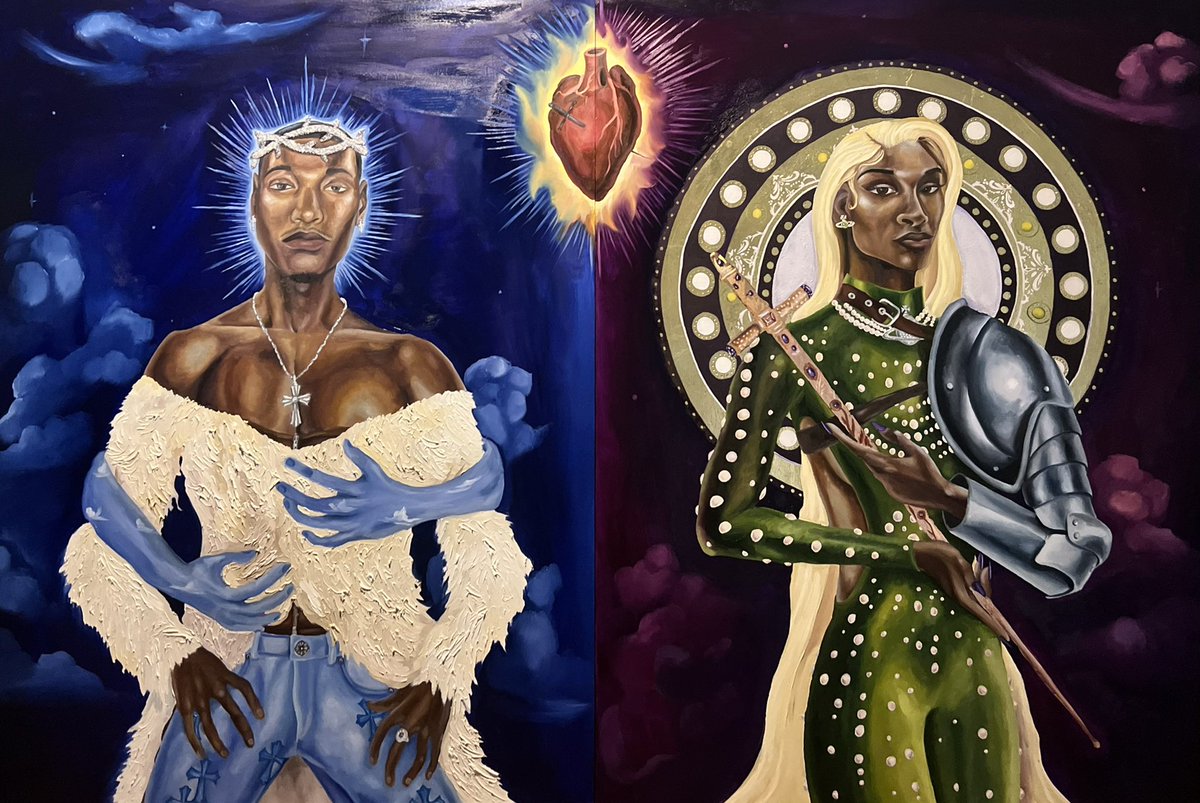 iamrobertxavier's tweet photo. “Holy Matrimony” (Diptych) 
Oil, Glitter, Silver &amp; Gold Leaf on Wood Panels // 40inx60in // 2022

Birthed from a new level of juxtaposition that has come to life within my artistry &amp; in my life. They are now the canon of my catalog &amp; I cannot wait to dive deeper into this realm✨ https://t.co/T2rIpF4txx