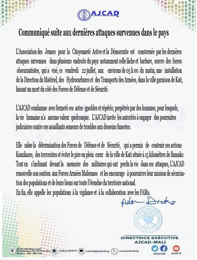 #Communiqué suite aux dernières attaques survenues dans le pays.
#AJCADMali, une jeunesse responsable pour un monde meilleur.