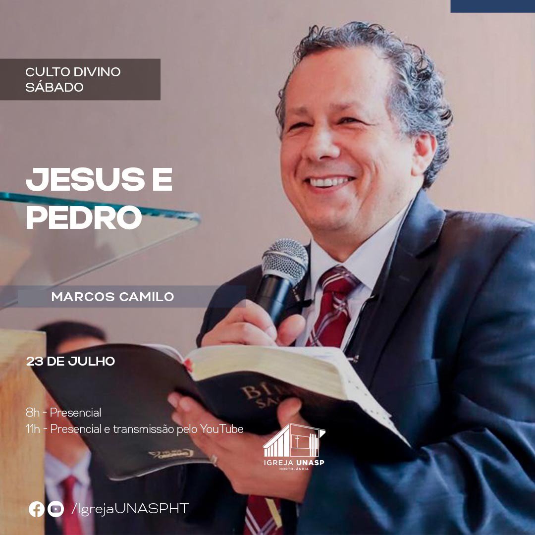 IgrejaUnaspHT's tweet photo. Culto Divino

Os nossos cultos serão ministrados pelo  Marcos Camilo com o sermão intitulado: Jesus e Pedro

8h - Presencial
11h -Presencial e também será transmitido pelo Youtube

Esta será uma grande oportunidade de convidar seus amigos! https://t.co/hD1kBr9afS