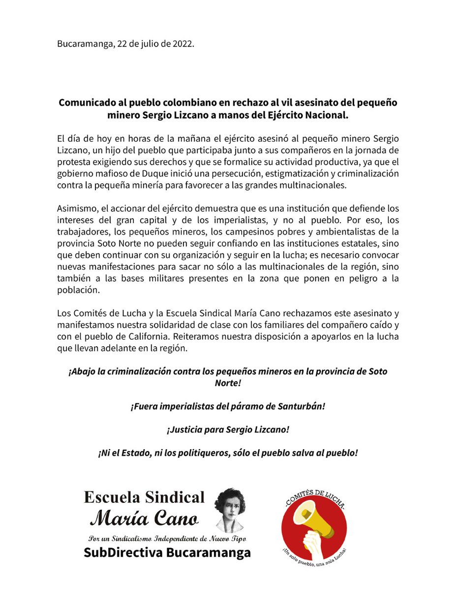 ES_MariaCano's tweet image. #EsDecepcionante la masacre contra el pueblo trabajador. Rechazamos el asesinato del pequeño minero Sergio Lizcano a manos del ejército colombiano.
¡Ni el Estado, ni los politiqueros, solo el pueblo salva al pueblo!