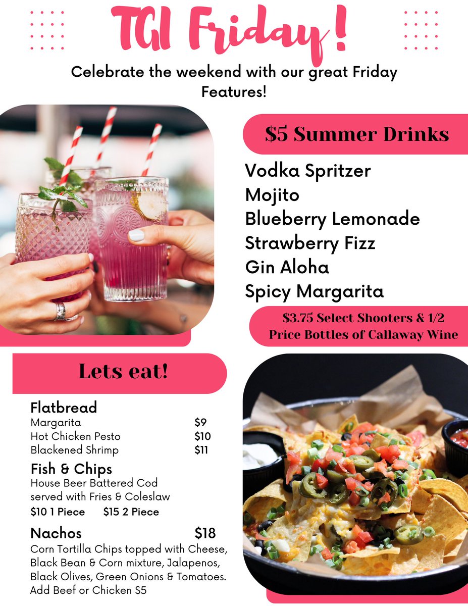 schankscalgary's tweet photo. TGIF!
Enjoy great food &amp; beverage specials all day long - inside or outside on our covered &amp; heated patio🥳
#schanks #yycdeals #calgaryfood https://t.co/ksVVYPIamu
