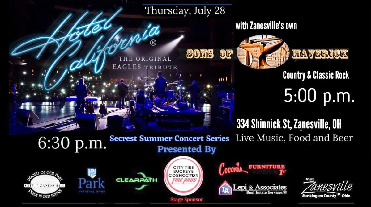 Free concert 7/28/22 in downtown Zanesville. Bring your lawn chairs.