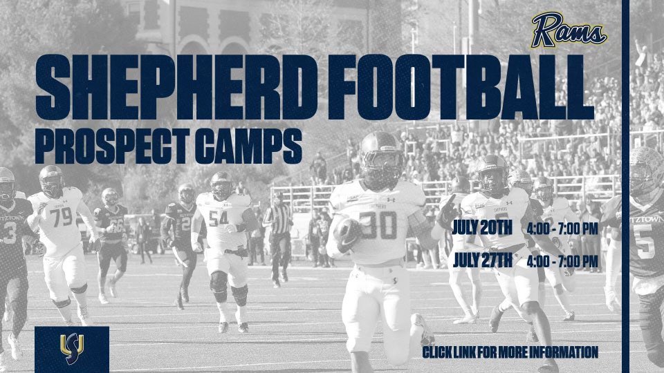 We are 5 days away from Shepherd Football Prospect Camp II! Another opportunity to develop your craft. 

Sign up using the link below.
shepherdfootballcamps.totalcamps.com/About%20Us