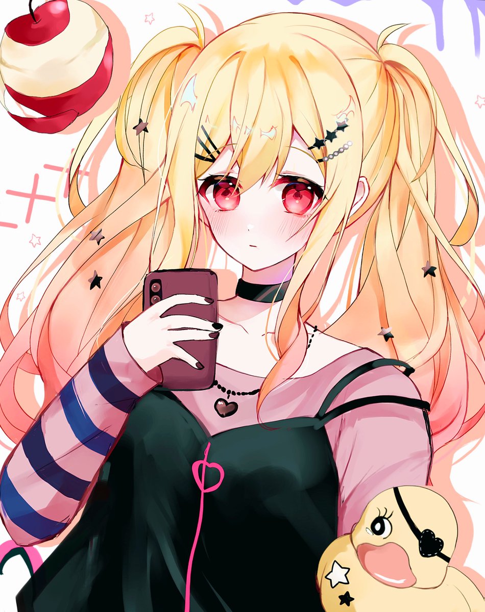 1girl blonde hair twintails hair ornament phone striped sleeves red eyes  illustration images