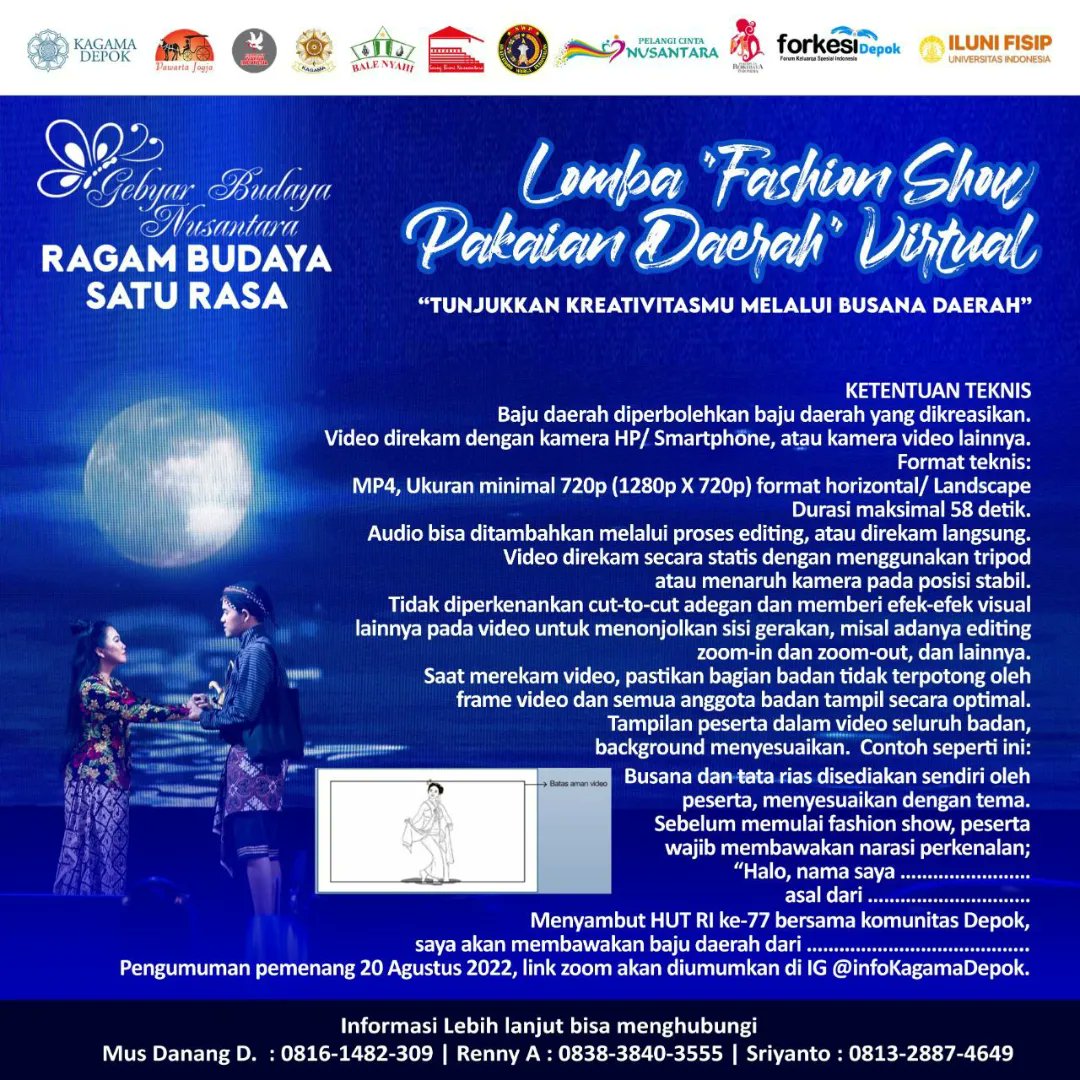 Expresikan kreativiasmu lewat  lomba Fashion Show Busana Daerah. Caranya, buat video lalu posting di IG mu. Simpan videomu di cloud.  Isi formulir pendaftaran di
 bit.ly/FASHION_GBN
Info lengkap, pantau di IG @infokagamadepok