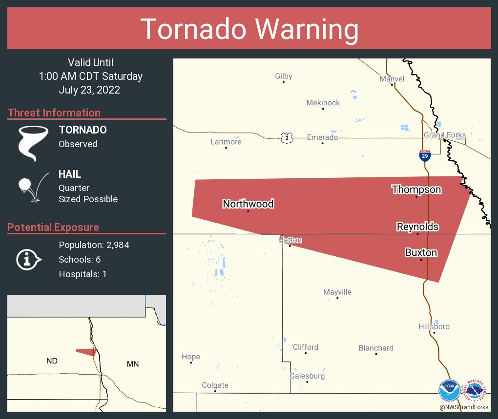 NWS Grand Forks on Twitter "Tornado Warning including Thompson ND, Northwood ND and Buxton ND