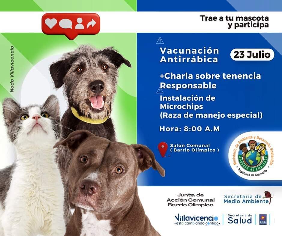 📢Jornada de bienestar animal mañana 23 de Julio.🐶 La Secretaria de Salud Municipal trae al barrio Olimpico jornada de bienestar que incluye: Vacunacion antirrabica, instalacion de chips y charla sobre tenencia responsable. 
Salón Comunal JAC Barrio Olímpico a las 8:00 am.