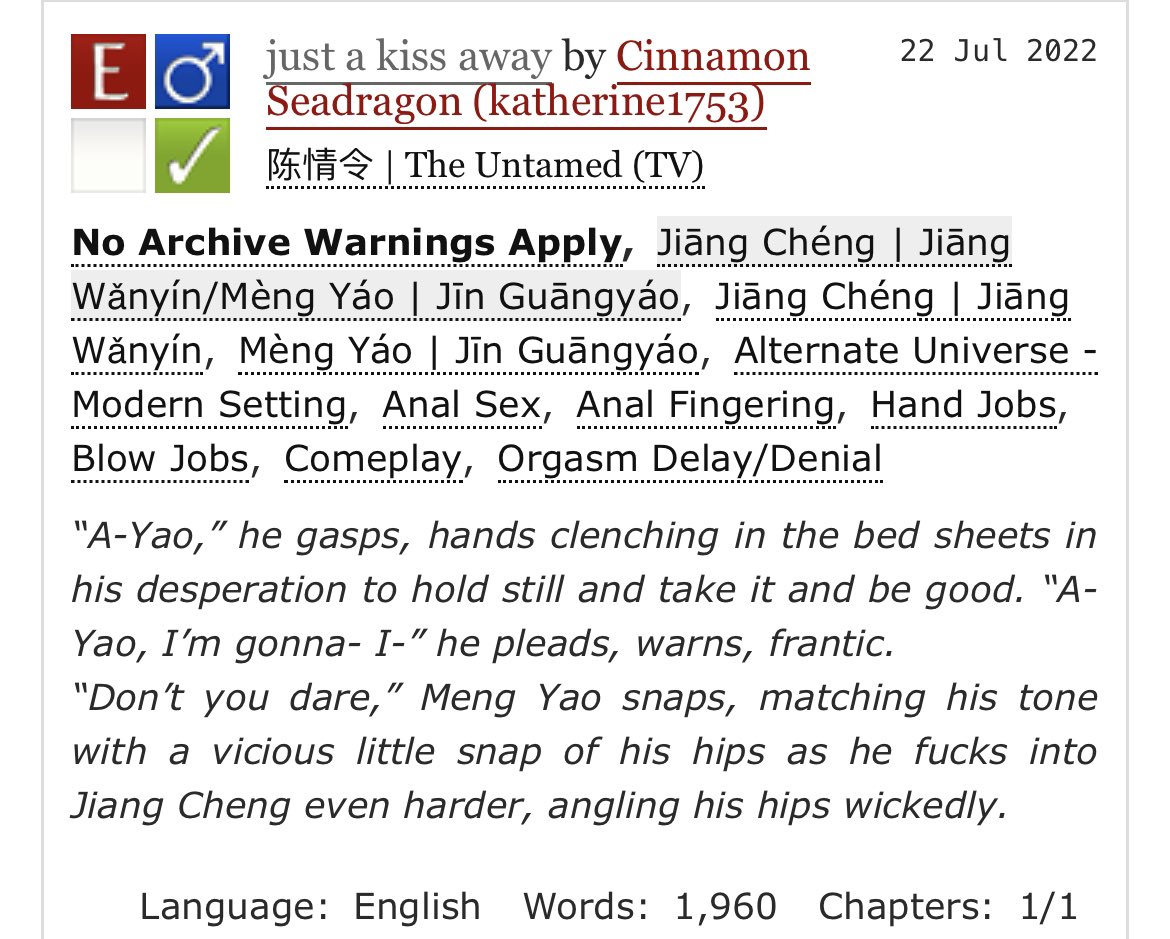 CinnamonCDragon's tweet photo. just a kiss away 
For @mxtxbdsmweek - orgasm denial 

💛 Jiang Cheng/Meng Yao
💛 1.9k, E, Complete 
💛 delay/denial, countdowns, pwp

#mxtxbdsmweek 

https://t.co/Cu8hGIsHZF https://t.co/ZjVh2FUCaT