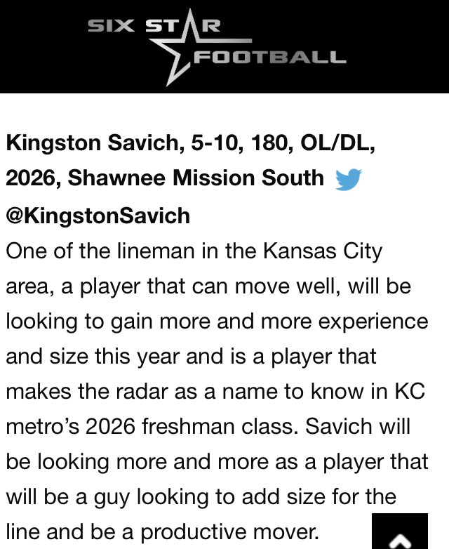 KingstonSavich's tweet photo. Shoutout to @6starfootballKS Appreciate it! The work will continue throughout this season and offseason as I strive to be the best player that I can be to myself & fellow teammates. @EOE_KC @ChrisGomez54 @SMSRaiderFB @SMSYouthFB @SMSouthTDain #Trenches #OL #Focused #RepxRep #2026 https://t.co/dIwxh4JLfc