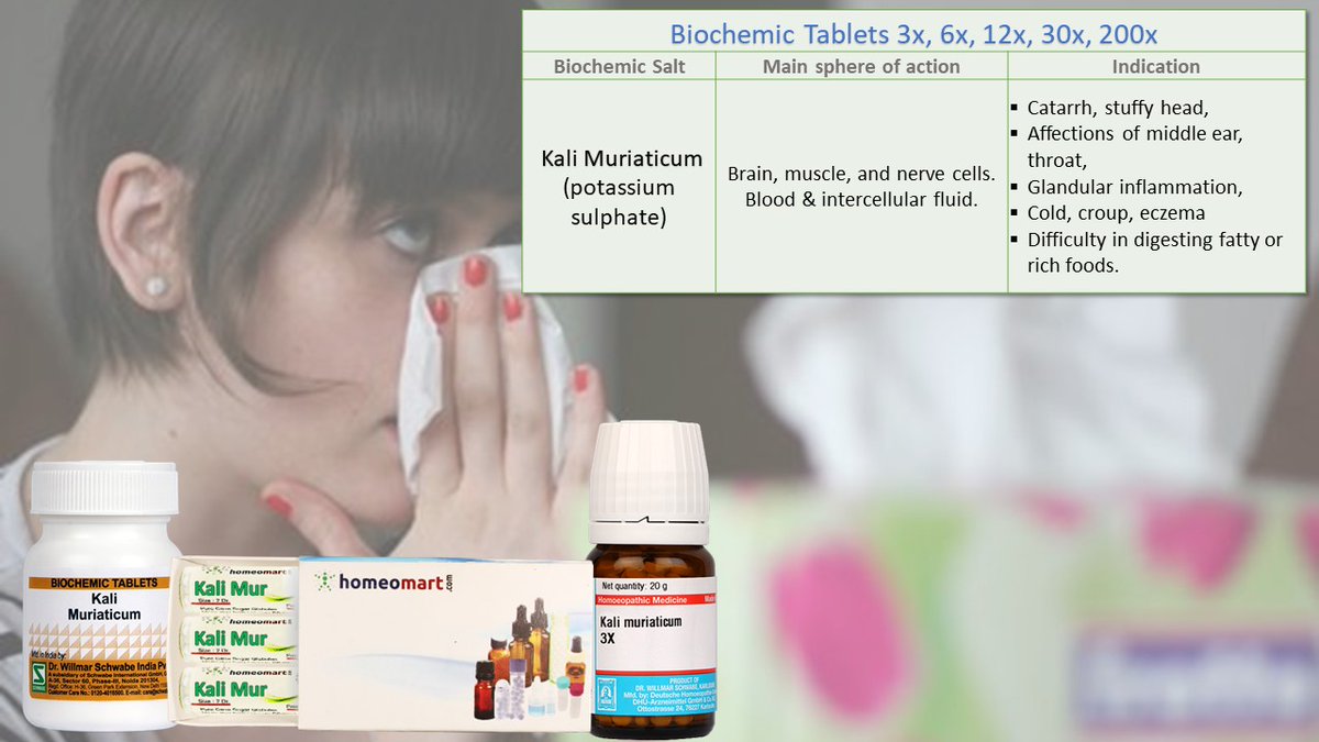 homeomart's tweet photo. Kali Muriaticum is a #Biochemic salt indicated for stuffy nose &amp; throat and glandular swelling. There is thick white discharge, coated tongue and difficulty in digesting fatty, rich food. Also comes in #homoeopathic dilution. Know more https://t.co/8ie89fSsey https://t.co/Iye3eeXSg0