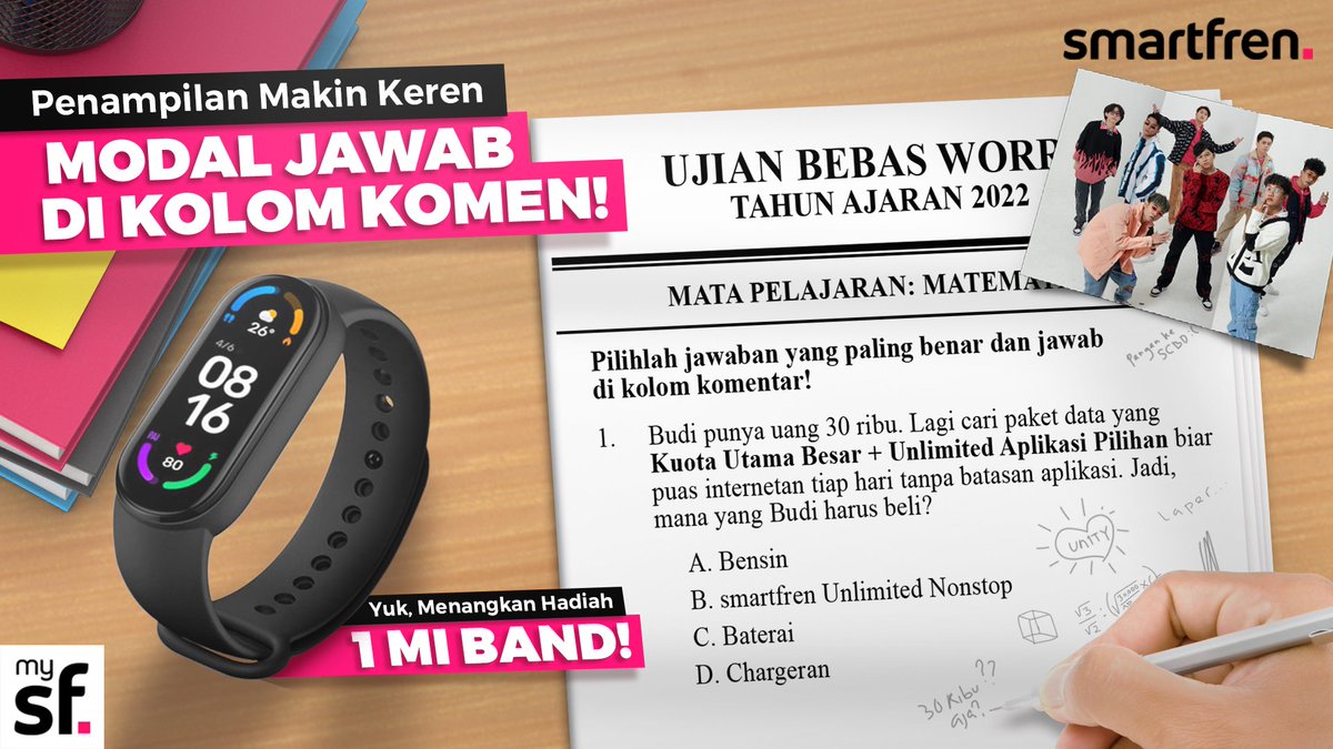 smartfrenworld's tweet photo. Jawaban yang benar bisa menang smartwatch Mi Band!
Ikutin cara menanginnya:
1. Follow twitter &amp; instagram @smartfrenworld
2. Like &amp; RT postingan ini
3. Jawab pakai #PinterMilihTemen #UnlimitedNonstop #UnlimitedBebasWorry &amp; mention 3 temen
Komen sebanyaknya sampai 26 Juli 2022! https://t.co/2erv7zmZdR