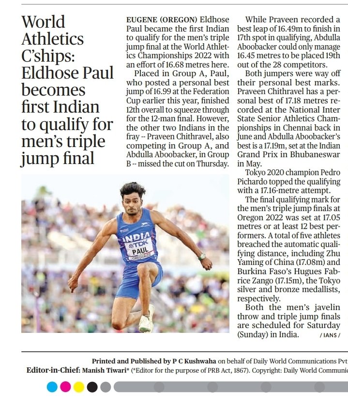 pc_kushwaha's tweet photo. First Indian to qualify for men's triple jump final.

https://t.co/5y8vto9Qem 

#pckushwaha #dailyworld #Dailyworldnews #Sportsnews #triplejump https://t.co/hgYgnuES37
