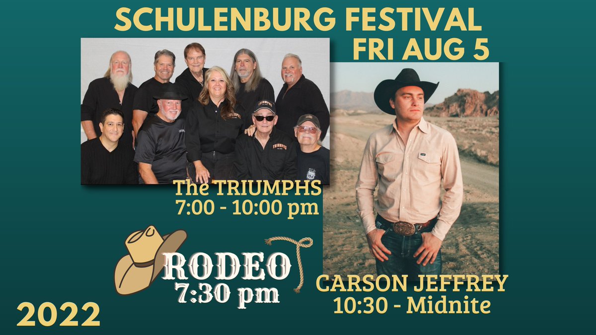 SchulenburgFest's tweet photo. TWO WEEKS until the 2022 Schulenburg Festival...see the Triumphs and @carson__jeffrey, plus catch RODEO action...Fri Aug 5
#NationalPartyOfTexas https://t.co/zUsmtzTW6w