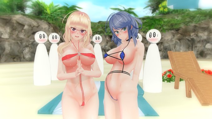 [R-18] 露出コンビ(仮称)の水着姿 #COM3D2 #見世物 #野外露出 #露出 #ピンクローター #パイパン #エロ水着  