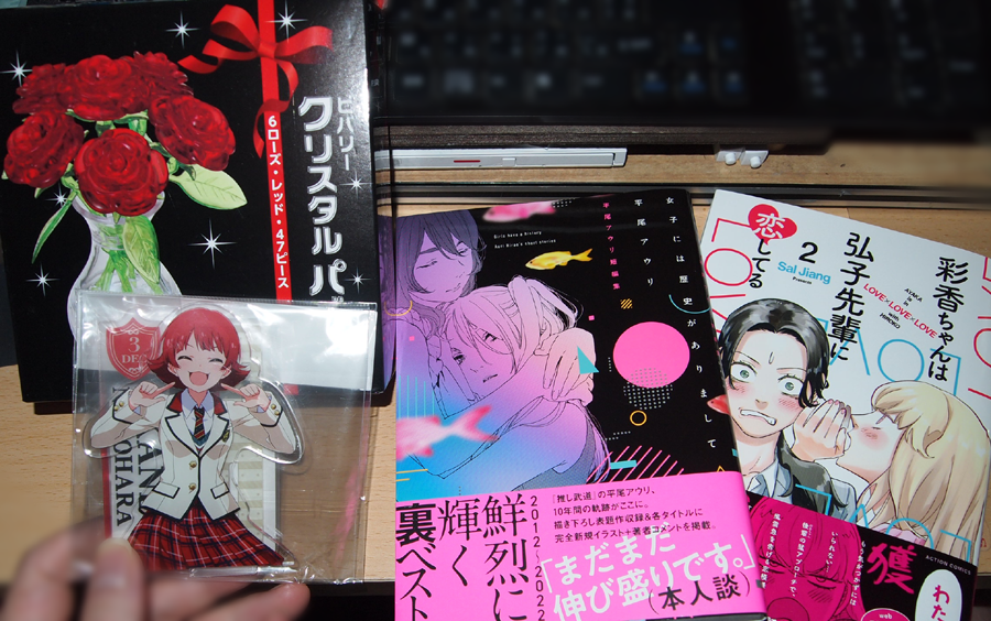 色々届いた~。
バラの立体パズル、平尾アウリ先生の短編集、続きが気になってた漫画の2巻。
あとコトブキヤから「ポイント失効しまっせ」って通知来てたのでポイント全部使って買った野々原さんのアクスタ。