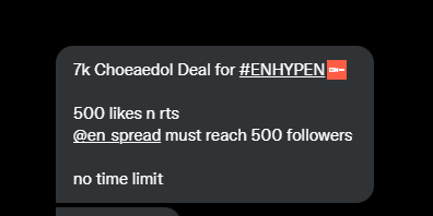aub_pjsong's tweet photo. ⚠️7k Choeaedol Deal for #ENHYPEN 

🎯500 likes &amp; rts 
🎯@en_spread must reach 500 followers 

Finish this quickly! https://t.co/0821076PO7