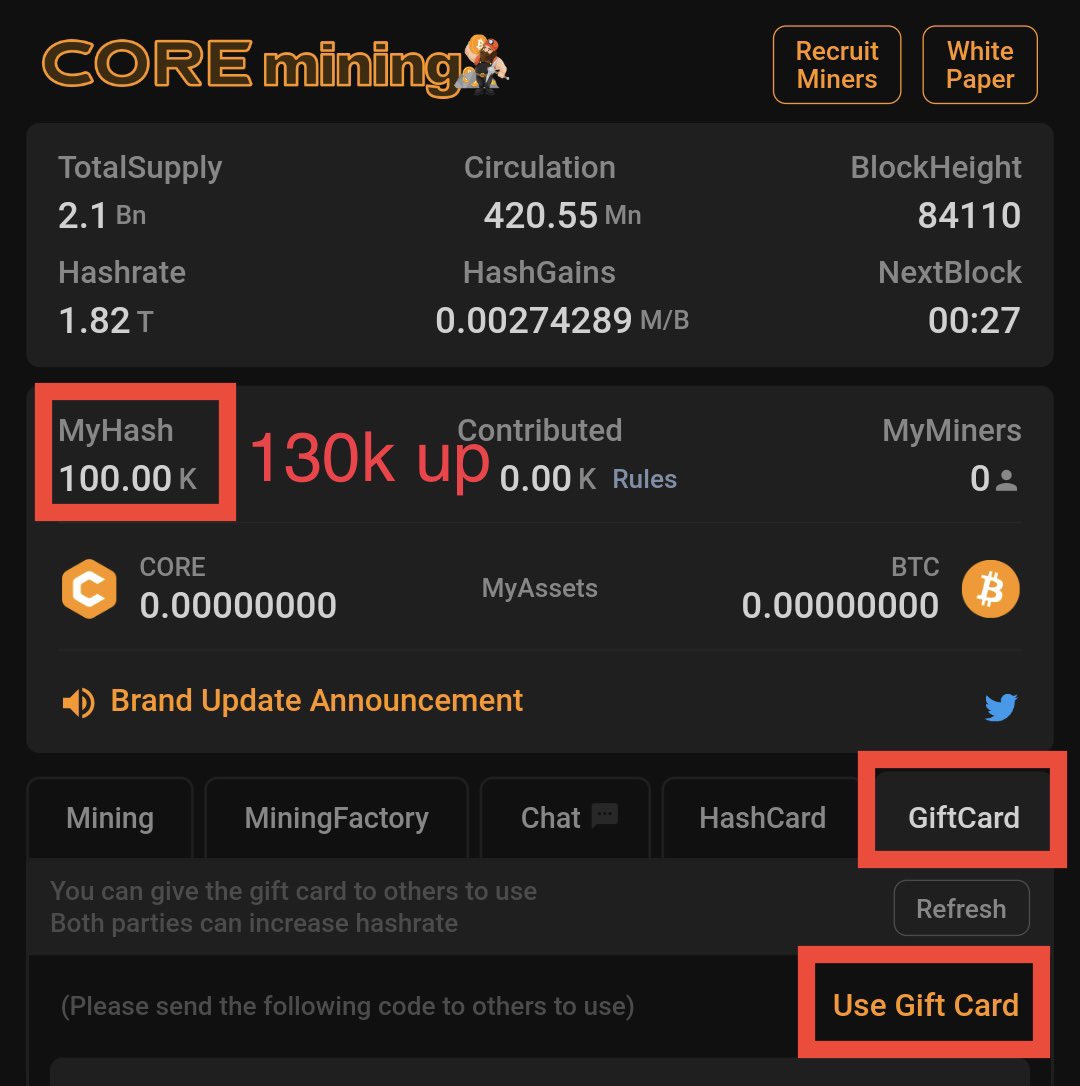 CoreHoneycomb's tweet photo. New miners are required to register for a gift card. 

MyHash 100K -> 130🔥K

Giftcode: 455angj , 457k2rn 🎁

Hash power = #CORE🚀

⭐️only! once! after signing up!

MyHash Power = Increase in #CORE mining volume 

what i have to do ⛏Mining⛏ https://t.co/6yo1YSrwkR