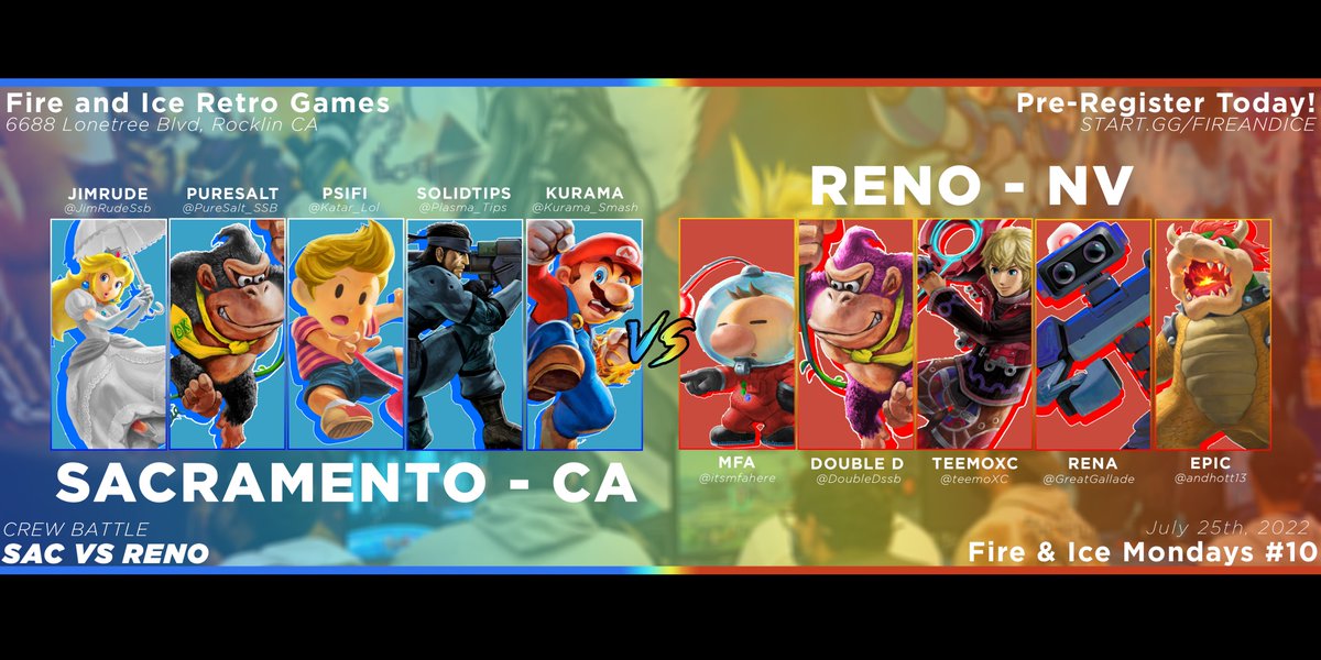 Yo!

We're excited to announce that Fire &amp; Ice #10 is HAPPENING this coming Monday at <a href="/FireAndIceRetro/">Fire and Ice</a> in Rocklin, CA!

This special event will feature a Sacramento VS Reno Crew Battle!

Doors Open: 5:30 PM
CB: 7:00 PM
Singles: 7:30 PM

Pre-Reg! - start.gg/fireandice