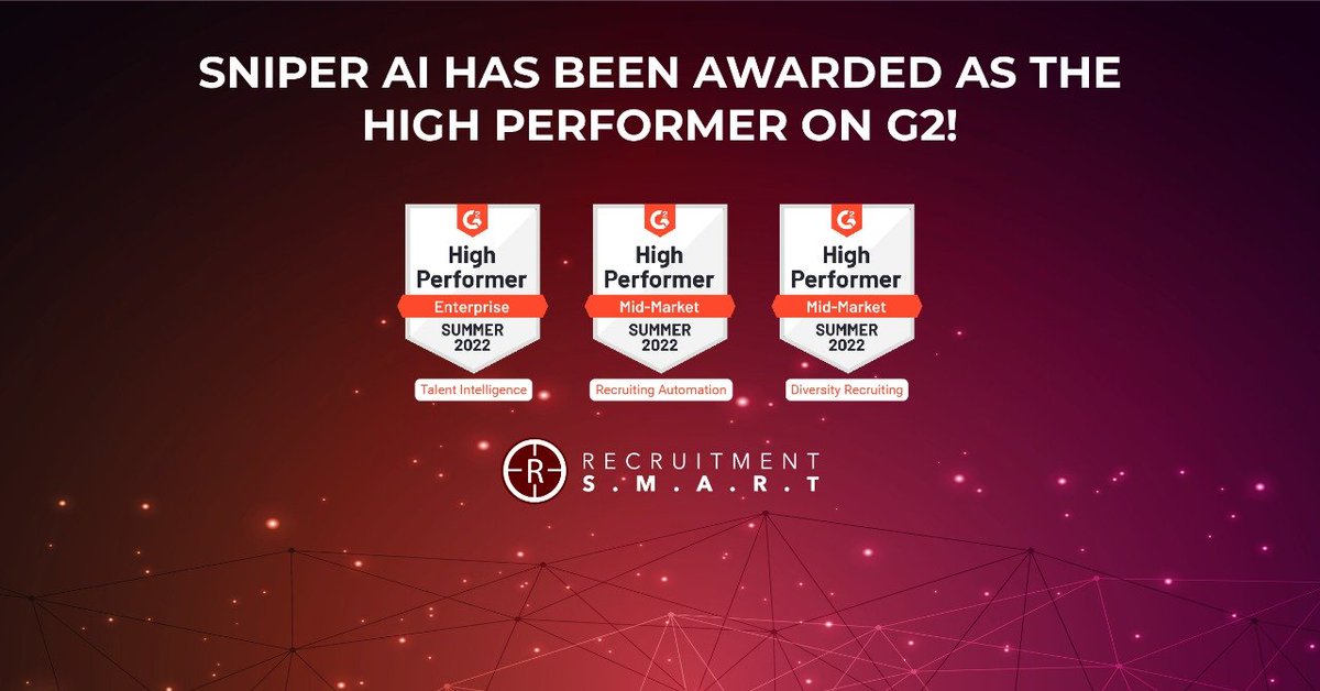 Sniper_Ai's tweet photo. In the Summer Quarter, #RecruitmentSmart has bagged G2 badges that include recognition in the categories including Diversity Recruiting, #TalentIntelligence, and Recruitment Automation.

#G2 #HighPerformer #SniperAI #JeevesAI #ConversationalAi #TalentTech #Tech #Chatbot #ATS https://t.co/3BwCJXeWqF