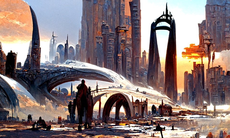CodeAndDot's tweet image. Dawn in a Futuristic City #discodiffusion #AiArtwork #aiartist #nftart #aigenerated #prompts