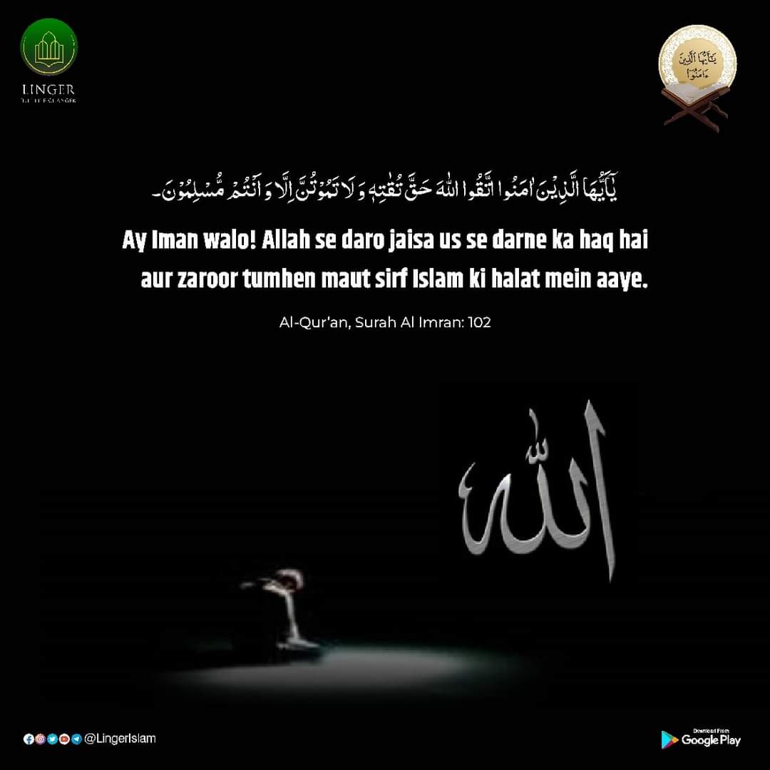 _faisalquraishi's tweet image. ऐ ईमान वालों ! अल्लाह से डरो जैसा उससे डरने का हक है और जरूर तुमको मौत सिर्फ इस्लाम की हालत में आए ।

Al-Quran, Surah Al Imran : 102

#SurahAlImran #LingerIslam #Allah #Allahuakbar #Besthadith #prophetmuhammad #IloveMohammad #prophetmuhammadpbuh #ProphetMuhammadSAW #islam