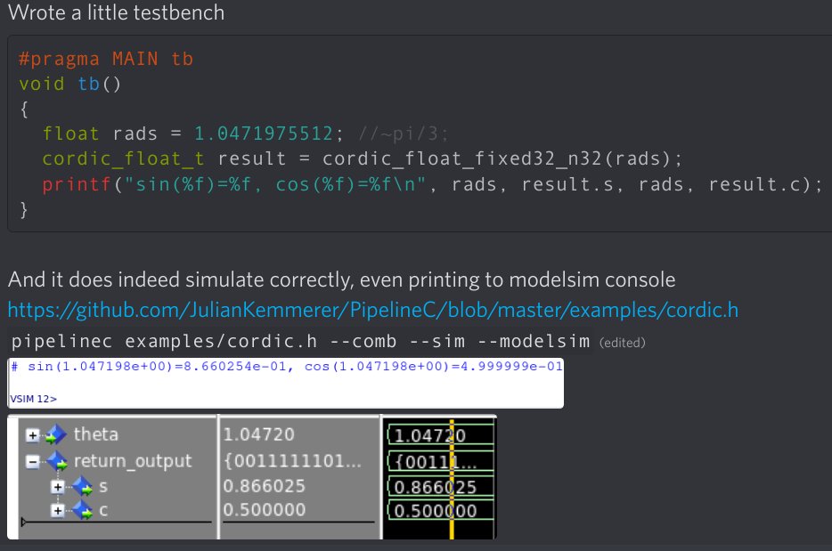 pipelinec_hdl's tweet image. Wanted a quick CORDIC example I could synthesize.
So roughly copied the first "simple C source for CORDIC" I could find 😏
github.com/JulianKemmerer…
Ease your way from software into hardware description with #PipelineC 🤓
