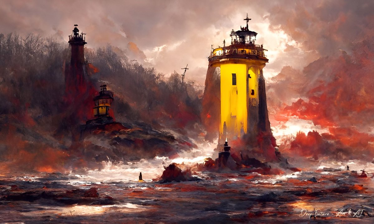 DeepFutureArtAI's tweet photo. Hello #NFT and #art friends ! 🌞

Here is « The Lost Civilizations of the Sailors » artwork. 
What will happen in a world where the flames have ravaged the land and the stormy sea will interfere? A lighthouse, symbol of the land-sea border, as the last rampart of our civilization https://t.co/kaHFkTlIQ9