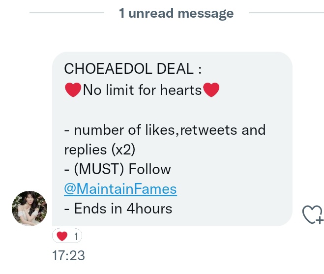 TDOONGPOLLS's tweet image. 📣 ONCES ‼️

CHOEAEDOL DEAL FOR #TWICE:

❤️No limit for hearts❤️

- number of likes,retweets and replies (x2) 😱
- (MUST) Follow @MaintainFames
- Ends in 4hours ‼️‼️‼️

LIKE, RT, &amp;amp; SPÁM REPLIES BELOW!