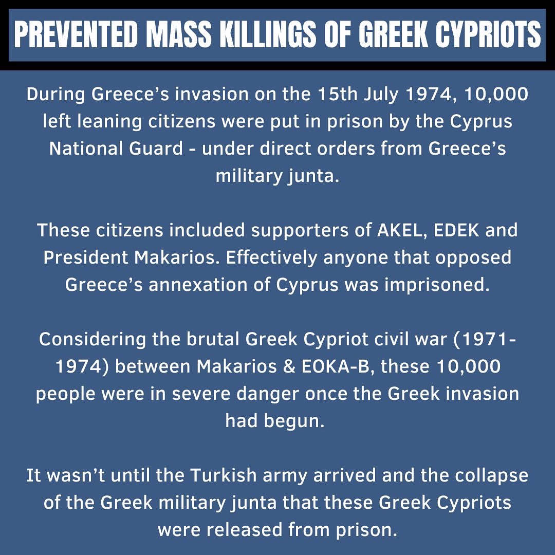 Young_Turk_Cyp's tweet photo. 1) PREVENTED MASS KILLINGS OF GREEK CYPRIOTS - over 10,000 Greek Cypriots were arrested as enemies of the Greek junta leading up to their invasion on the 15th July. It was Türkiye’s intervention that set them free #GreekInvasionOfCyprus #CyprusPeaceOperation https://t.co/fWp64cMzwR