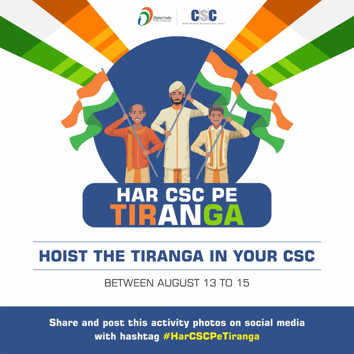 CSCegov_'s tweet photo. HAR CSC PE TIRANGA...

Hoist the Tiranga in your CSC between August 13 To 15...

Share and post this activity photos on social media with hashtag #HarCSCPeTiranga...

#CSC #DigitalIndia #RuralEmpowerment #AzadiKaAmritMahotsav #AmritMahotsav #HarGharTiranga https://t.co/l5RaQW7asd