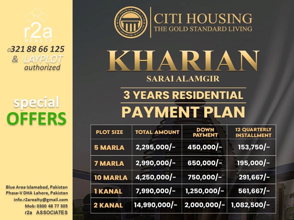 CITI HOUSING KHARIAN (Sarai Alamgir)
We r authorized
+92 321 88 66 125
#r2areality #r2aassociates #CitiHousing #CitiHousingkharian #CitiHousingJhelum #CitiHousingMultan #CitiHousingSialkot #Newmetrocity #jhelum #kharian #property #Gujrat #Lalamusa #grandcity #Islamabad #Pakistan