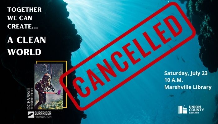 UCPLNC's tweet photo. Programming update: A Clean World has been cancelled for this Saturday, July 23 at 10 a.m. at the Marshville Library. Follow the Union County Library on social media for a reschedule date. #uclnc #adultprogramming #acleanworld https://t.co/zQfDwmJn9s