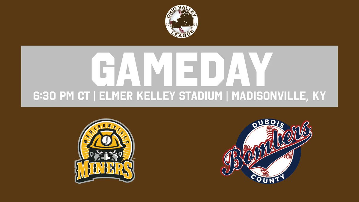 OVLBaseball's tweet photo. OVL GAMEDAY
FIRST ROUND, GAME TWO
@DCBombers 🆚 @MadvilleMiners
⏰ 6:30 PM CDT
📍Elmer Kelley Stadium, Madisonville, KY
📝 https://t.co/saK7Loqm3u
📻 WTTL FM 106.9/https://t.co/PJFgvr1UzI
📺 None
#OVLBaseball https://t.co/i8DT7UTDUL