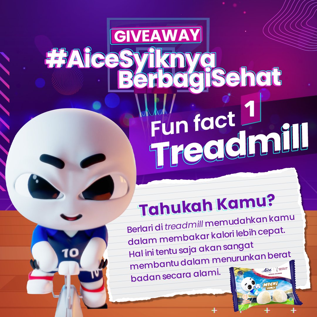 #AiceSyiknyaBerbagiSehat Fun Fact 1: Mo tahu gak sih? Berlari di treadmill memudahkan kamu dalam membakar kalori lebih cepat, lho. Hal ini tentu saja akan sangat membantu dalam menurunkan berat badan secara alami.