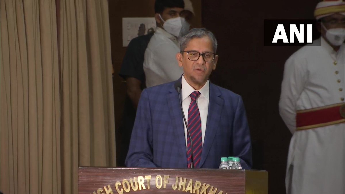 ANI's tweet photo. False narratives are created about the supposed easy lives led by judges. It is difficult to swallow. People often complain about the long pendency of the cases at all levels of the Indian judicial system: CJI NV Ramana, in Ranchi, Jharkhand (1/2) https://t.co/4t0XdYFk95