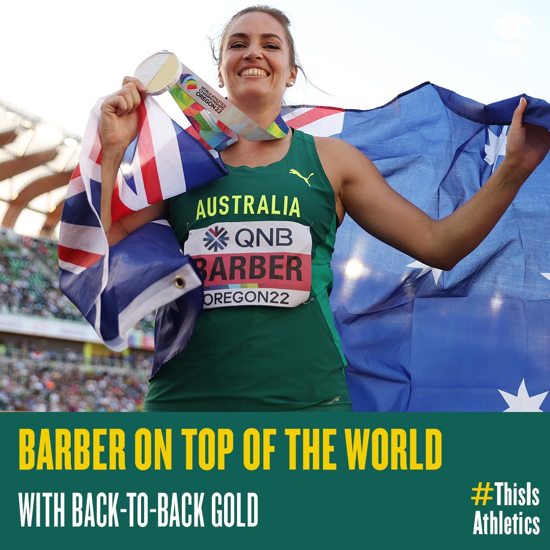 AustralianAths's tweet photo. .@kelseyleebarber is on top of the world once more, becoming the first Australian athlete since @CathyFreeman (1999) to win back-to-back world titles when taking out the Women’s Javelin final at #WCHOregon22  Read our Day 8 wrap up 👉 https://t.co/gKydGEvILq

#ThisIsAthletics https://t.co/S3GXB9lIYM