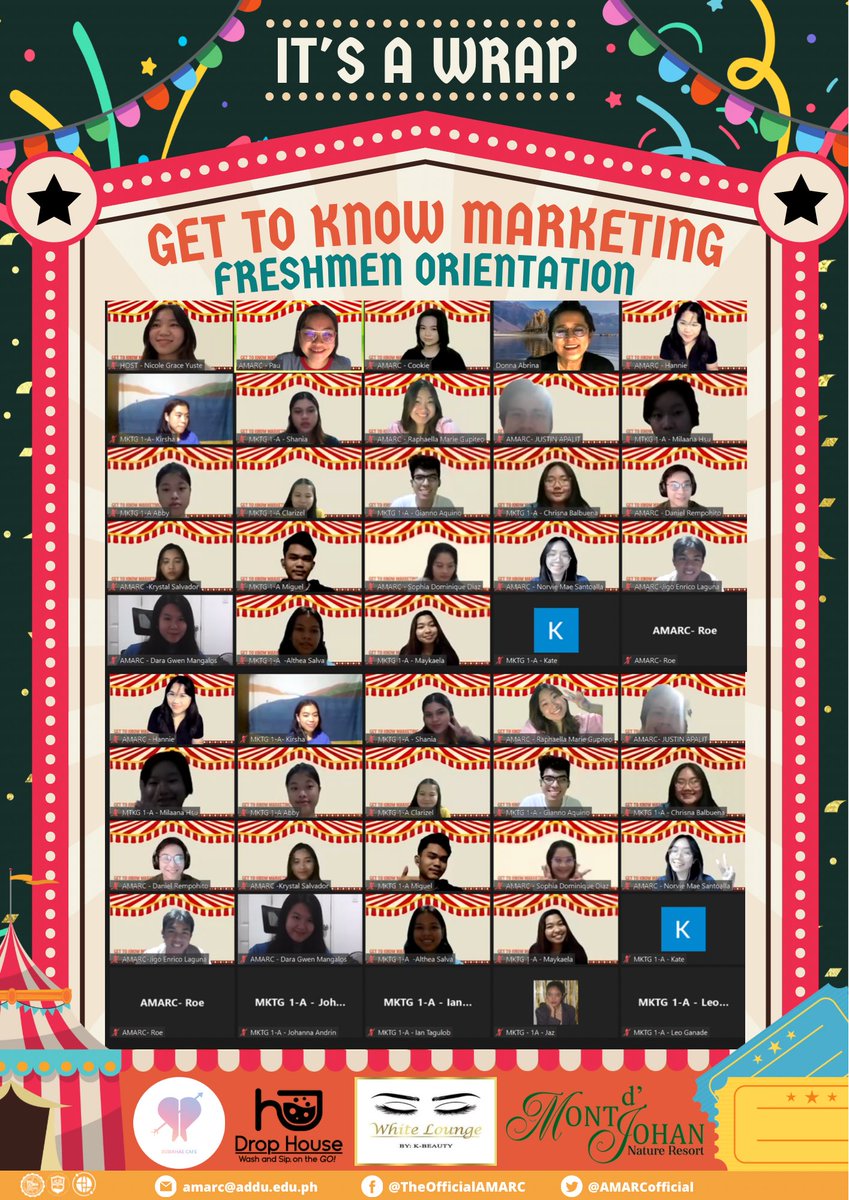 AMARCofficial's tweet photo. This wraps up "Getting to Know Marketing: AMARC Freshman Orientation"!🎉

Special thanks to our sponsors: Borahae Cafe, Drop House - Laundry &amp; Coffee, White Lounge Davao, and Mont d' Johan 

#MakeAMARC🌐
#GetToKnowMarketing🧠 https://t.co/bLKJf2lOrv