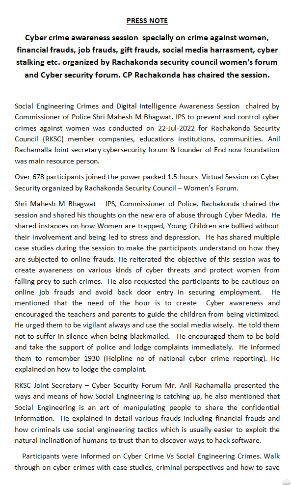 MalkajgiriCop's tweet photo. #CyberCrimes awareness session especially on #CrimeAgainstWomen,#FinancialFrauds,#JobFrauds,#GiftFrauds,#SocialMedia_Harrasment,#CyberStalking,etc. organized by @RKSC_Rachakonda  #WomensForum and #CyberSecurityForum. #CP_Rachakonda Sri #Mahesh_Bhagwat_IPS,has chaired the session. https://t.co/hcxhC9278m