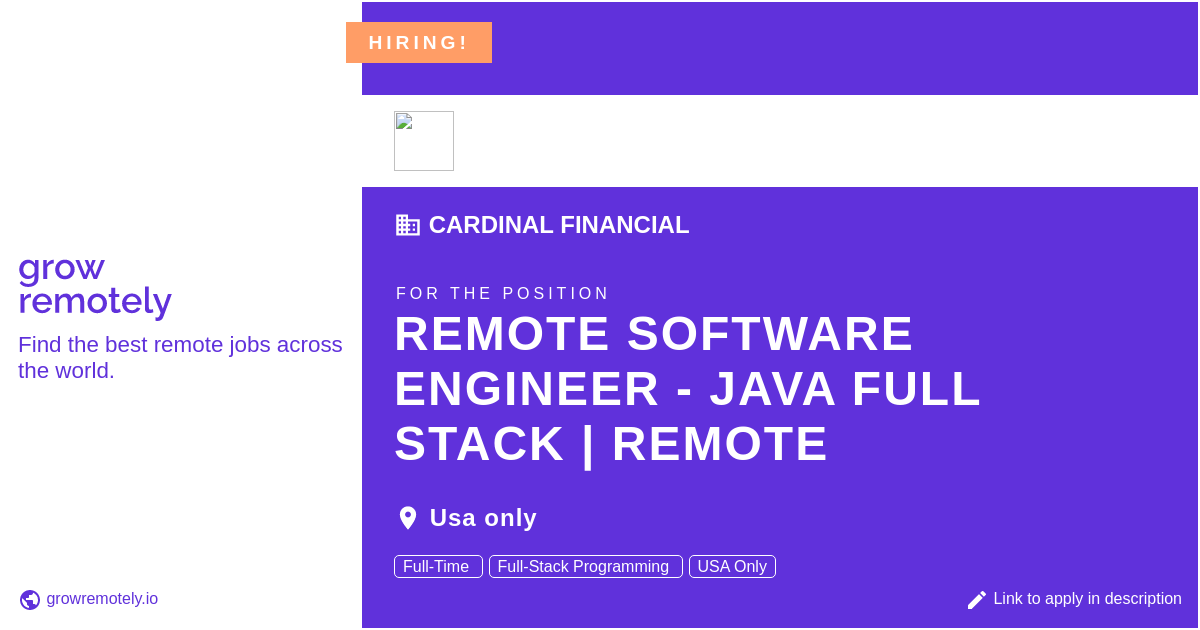 growremotelyio's tweet photo. Check out this job at Cardinal Financial for the position Remote Software Engineer - Java Full Stack | Remote.
Apply link: https://t.co/6Xcpabqia3
#hiring #remotejobs #CardinalFinancial #Programming https://t.co/5aBkS7PR0k