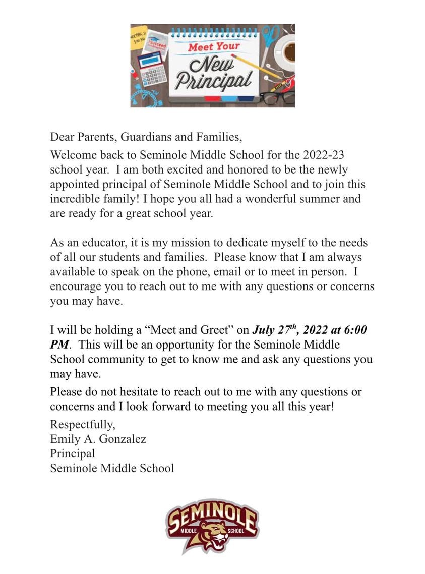 SeminoleMidPTA's tweet photo. Hello Panthers! 🐾
Do not miss Mrs. Gonzales, Seminole Middle new Principal, 'Meet and Greet' at Seminole Middle School on July 27th, 2022 at 6:00 pm. See letter attached. 🐾 https://t.co/JUsQRjJACL