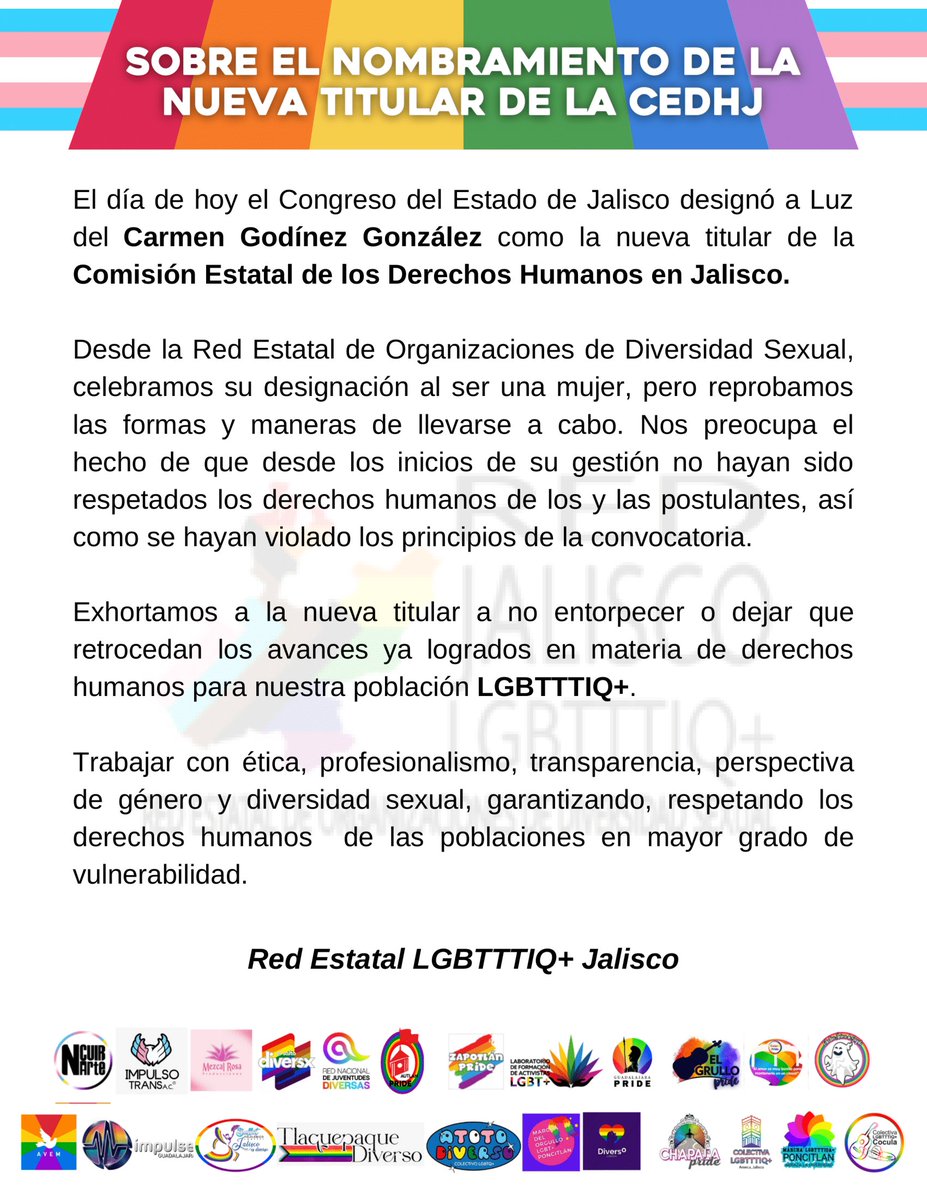 Posicionamiento de la Red Estatal de Organizaciones de Diversidad Sexual Jalisco con motivo del nombramiento de la nueva titular de la CEDHJ. 🏳️‍🌈