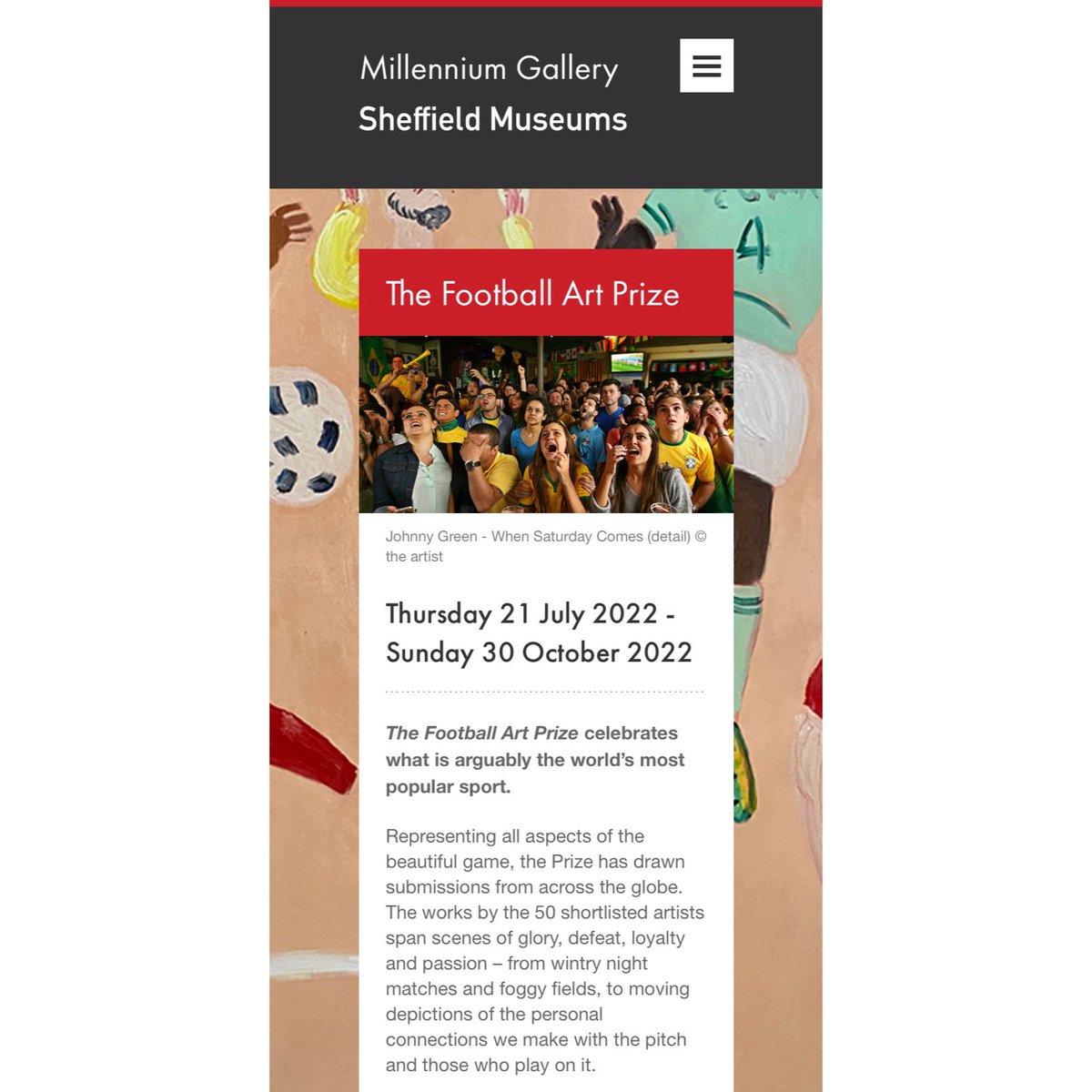 Get yourself down to the #MillenniumGallery in #Sheffield for the #FootballArtPrize #exhibition. Featuring two of my photos. It’s on until 30 October 2022 before moving to the #WinterGardens in #Sunderland <a href="/SheffMuseums/">Sheffield Museums</a> <a href="/SundMuseum/">Sunderland Museum</a> <a href="/Touchstones/">life</a> <a href="/ParkerHarrisCo/">Parker Harris</a>
