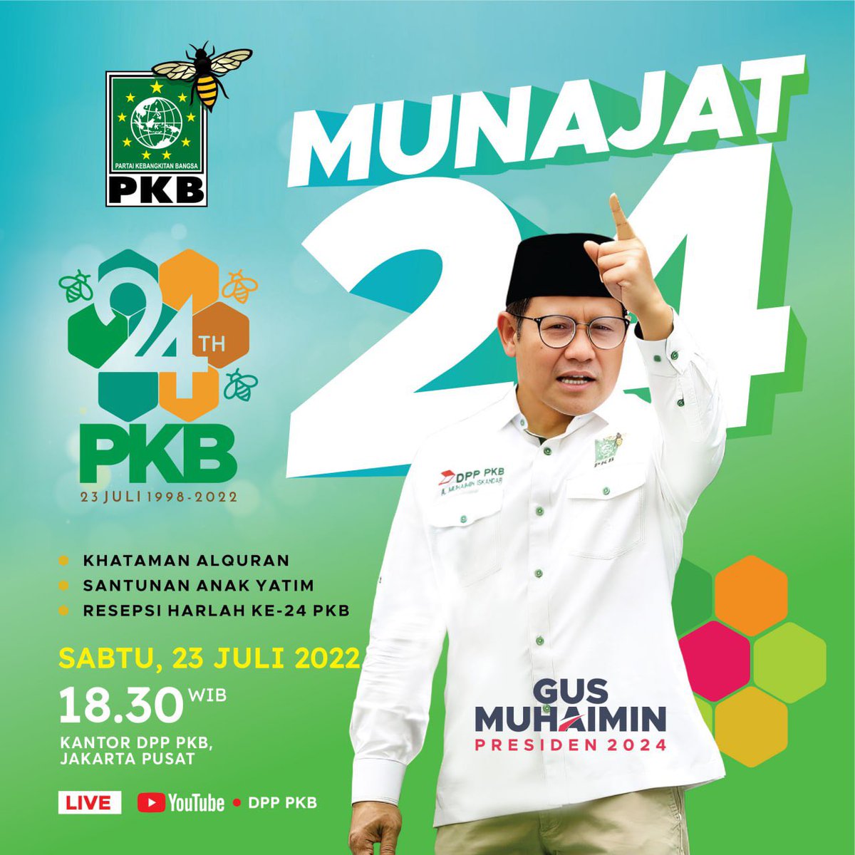 Selamat dan sukses HARLAH Partai Kebangkitan Bangsa Ke 24 Kita semua berharap dan berdoa serta ikhtiar semoga PKB tetap solid dan diberikan kemenangan. Ayo bergotong royong memenangkan Gus Muhaimin menjadi Presiden 2024.

<a href="/DPP_PKB/">DPP PKB</a>
<a href="/cakimiNOW/">A Muhaimin Iskandar</a>

#Munajat24 
#Harlah24TahunPKB