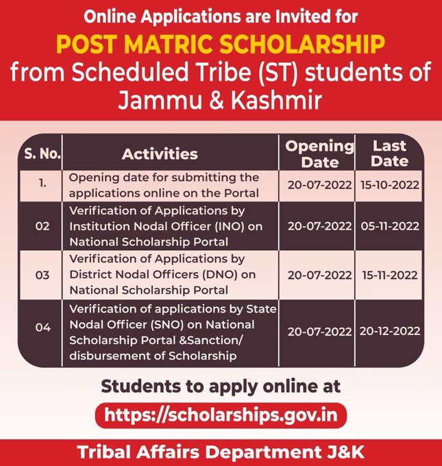 ShahImtiyaz90's tweet image. #ImportantNotification: After 125%+ hike in #scholarship  which was long #overdue since 2012,the #scholarship #Portal  is now live for J&amp;amp;K #tribal #Students  Last date 15.10.22. Pl make it sure to fill #accurate information &amp;amp; #submit relevant #documents to receive #enhanced