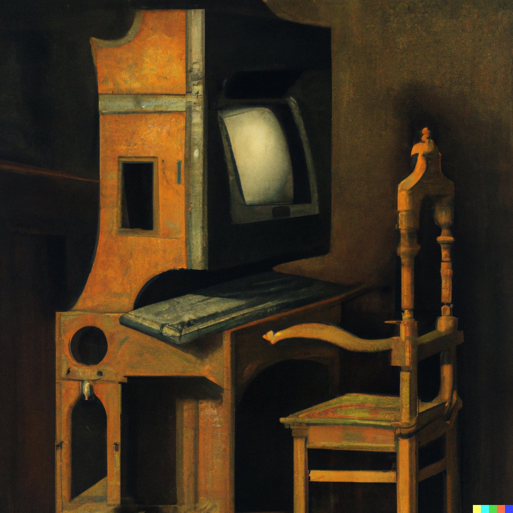 Some of my early trials <a href="/OpenAI/">OpenAI</a> #dalle 
"an oil painting of iMac, 15th century"