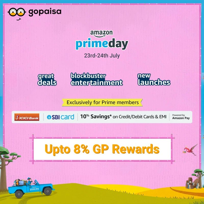 GoPaisaCom's tweet photo. This Amazon Prime Day Sale shop via GoPaisa and earn Flat 8% rewards on your shopping and Flat 2% cashback on your Amazon gift card.
And upto 80% off on everything 

https://t.co/l6AM7uuwiU

#AmazonPrime #amazonprimesale #amazongiftcard #amazonindia #saleoftheyear #shopnow https://t.co/rYysnnwhmn