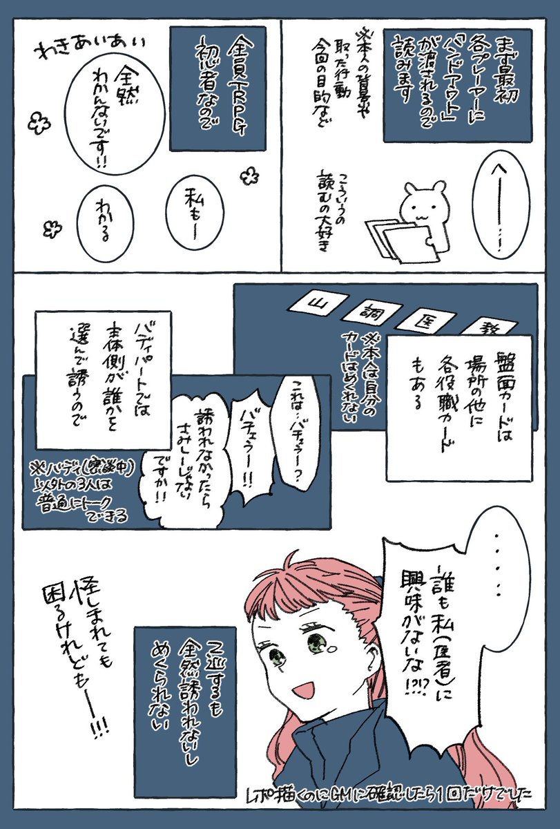 超初心者によるTRPGレポです〜☺️
大変楽しかったです!
お誘い&amp;一緒にプレイして下さった皆様ありがとうございました✨
【注】レポで触れているルールや手順は大体のTRPGで共通する項目なので書いています。物語のネタバレは基本ないですが、役職等基本情報触れてるので気になる方は自衛されて下さい 