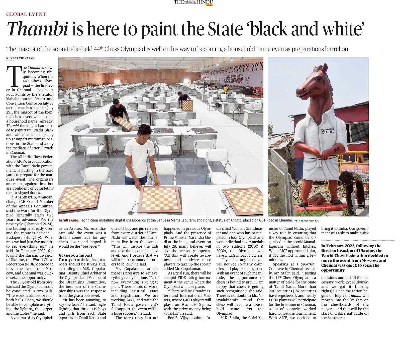 Thambi, the Chess Olympiad mascot, is here to paint Tamil Nadu