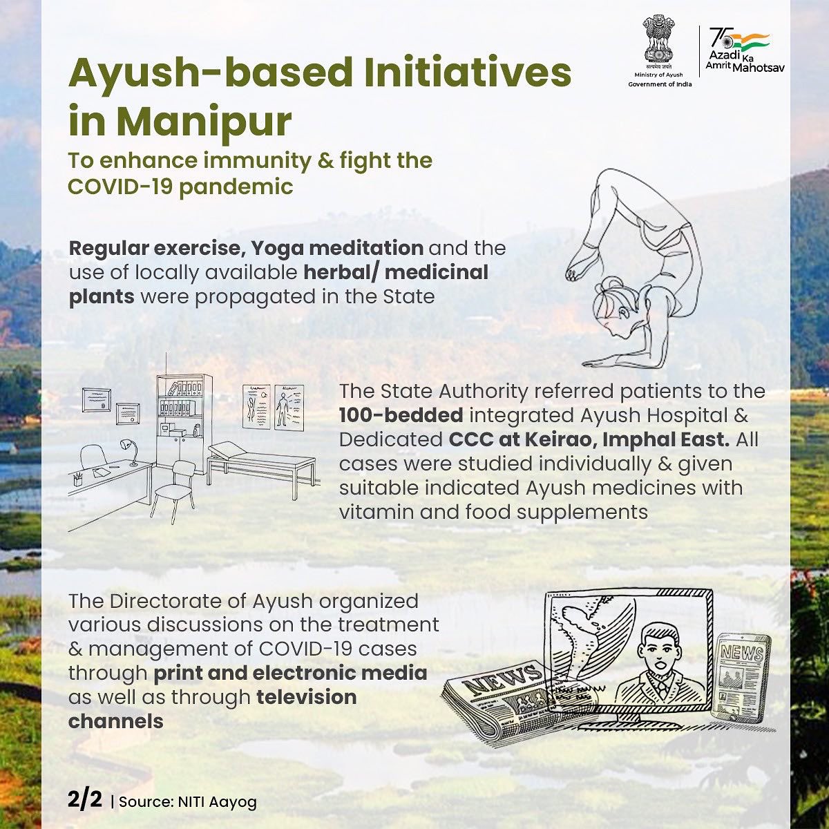 The report launched by @NITIAayog & MoA, on the initiatives taken by various States & UTs to manage the pandemic, highlights the Ayush-based practices that were incorporated in Manipur for protection and prevention from #COVID19. #Ayush #HealInIndia #AmritMahotsav