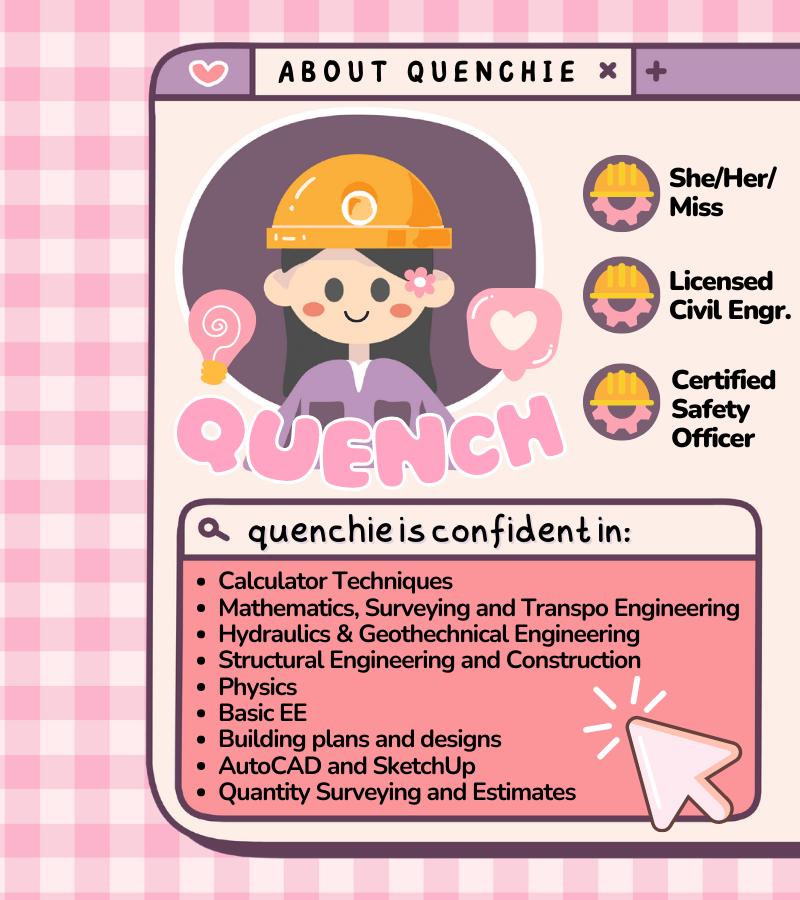 quenchiee_comms's tweet photo. Hi! I'm Quenchie 👷‍♀️✨
Licensed CE and CSO, ready to assist and help you with your academic/work requirements.

My DMs are always open for inquiry. Rates are negotiable.

For feedbacks/vouches, you can check it here:
https://t.co/kqt0c716Hw https://t.co/ZnyizVVDKL